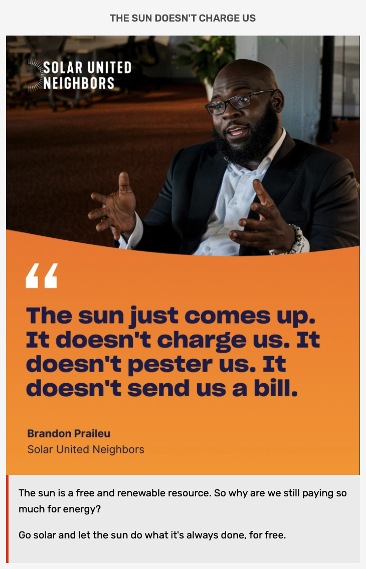 The Sun Doesn't Charge Us — Solar United Neighbors ad